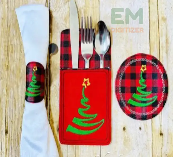 Christmas Embroidered Cutlery Carriers, Napkin Rings, and more 