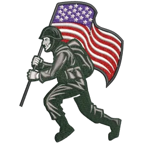 Soldato militare che porta la bandiera degli Stati Uniti