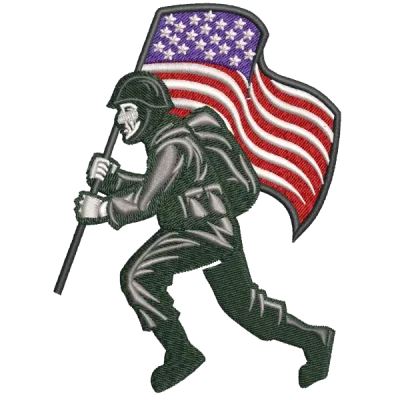 Soldato militare che porta la bandiera degli Stati Uniti
