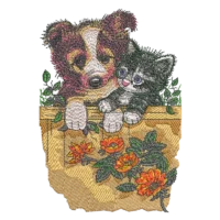 Puppy And Kitten On Fence